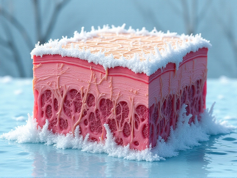 A cross-sectional diagram of human skin showing frostbite progression: healthy tissue, ice crystal formation in epidermis, and necrosis in deeper layers. Annotated with labels like 'vasoconstriction' and 'cellular damage,' styled in medical illustration with cold blue and gray tones. Keywords: frostbite stages, cold injury mechanism, outdoor swimming safety.
