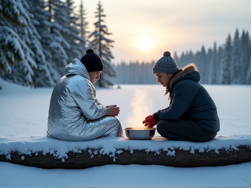 A swimmer wrapped in a foil emergency blanket, sitting on a log beside a snowy lake. A companion gently immerses their reddened hands in a bowl of lukewarm water, steam rising in the cold air. Pine trees and mist create a serene yet urgent atmosphere. Keywords: frostbite first aid, emergency response, rewarming techniques.