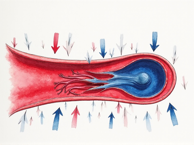 A scientific illustration of blood vessels transitioning from normal to constricted states during cold exposure. The image uses vibrant red and blue hues to differentiate between oxygenated and deoxygenated blood, with arrows showing redirected flow toward the heart and brain.