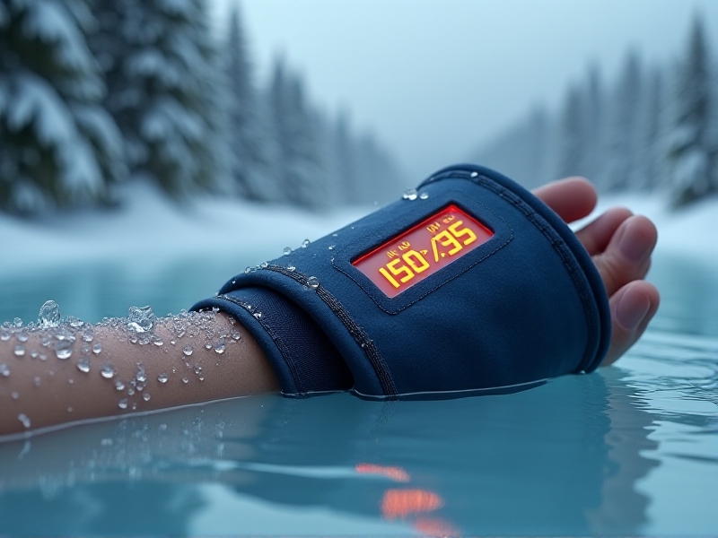 A digital blood pressure monitor wrapped around a partially submerged arm in an ice bath. The device's screen displays 150/95 mmHg, with icy water droplets on the cuff. The background features blurred winter scenery, reinforcing the cold environment.