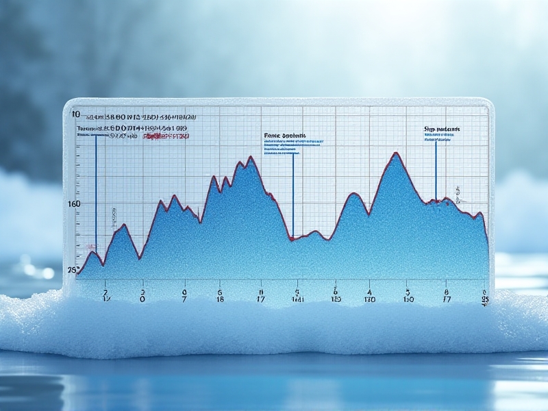 A line graph plotted over a frosty background, showing systolic and diastolic blood pressure trends during a 10-minute ice bath. Peaks occur within the first two minutes, followed by a gradual decline. Annotations highlight 'Initial Shock' and 'Adaptation Phase' with icons of a heart and thermometer.