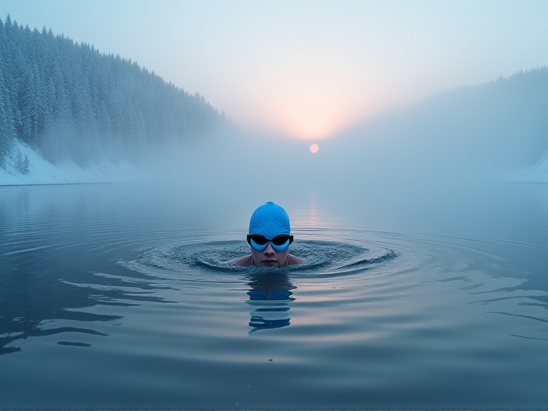 A lone swimmer in a frozen lake, surrounded by jagged ice sheets. The water is dark and opaque, with mist hovering above the surface. The swimmer wears a neon silicone cap, their breath visible in the crisp air. Early morning light casts long shadows on the snow-covered shoreline.
