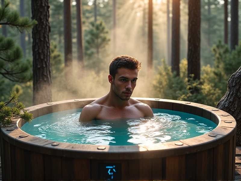 A wooden cold plunge tub outdoors, filled with shimmering turquoise water. Steam rises from the surface as a muscular athlete immerses themselves up to the shoulders. Pine trees surround the area, and a digital thermometer on the tub reads 55°F. Morning sunlight filters through the forest canopy.