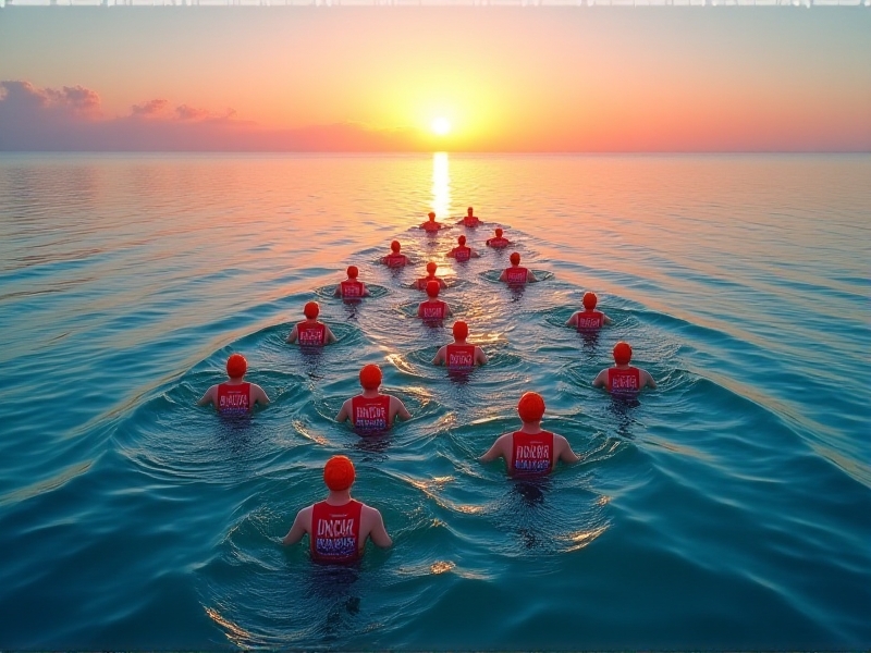 A group of swimmers in a calm ocean at sunrise, wearing brightly colored swim caps. The water reflects orange and pink hues, with gentle waves. A safety kayak paddles nearby, and a buoy marks the swimming area. The horizon blends soft gradients of dawn light.