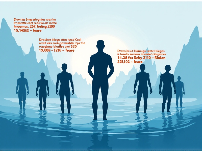 An infographic showing human silhouettes in various cold water scenarios, with red danger zones around extremities. Iceberg illustrations in the background fade into statistical text blocks about drowning risks, rendered in a crisp modern design style with cool blue and warm orange color contrasts.