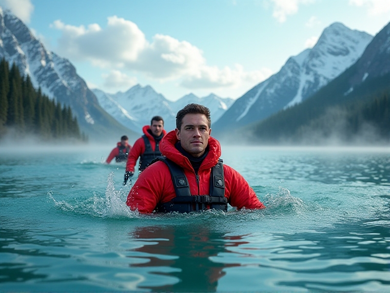 Search-and-rescue team practicing the Cold Water Entry Drill in a mountain lake. A team member in a red drysuit performs the seated entry method while others stabilize the boat. Snow-capped peaks reflect in calm turquoise waters under scattered cirrus clouds.