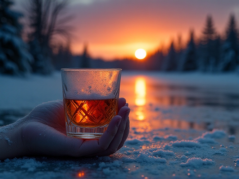 A hand holding a frosted glass of amber whiskey beside a partially frozen lake at dusk. Golden liquid swirls in the glass, reflecting the fiery hues of the sunset. Steam rises from the swimmer’s shoulders as they sit on a snow-dusted log, their relaxed posture contrasting with the treacherous environment.