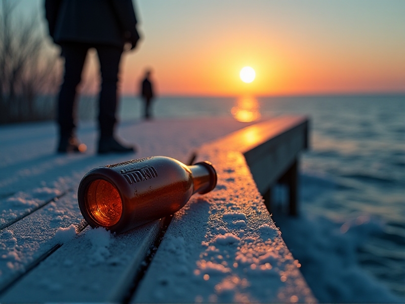 A blurred figure stumbling near the edge of an icy pier, their gloved hand grasping at empty air. A tipped-over beer bottle lies on the frost-covered planks, brown liquid spilling into the snow. The fading orange sunset creates long shadows, heightening the scene’s inherent danger.