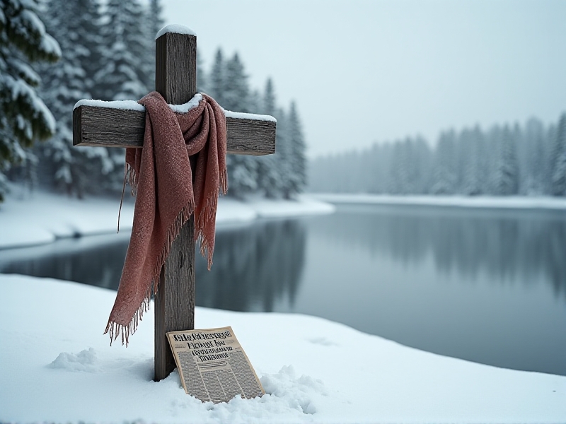 A weathered memorial cross planted in snow near a frozen lake, draped with a faded scarf and surrounded by footprints. A faded newspaper headline at the base reads 'Fatal Dip After Pub Celebration.' Pine trees bow under the weight of fresh snow, their shadows stretching across the ice.