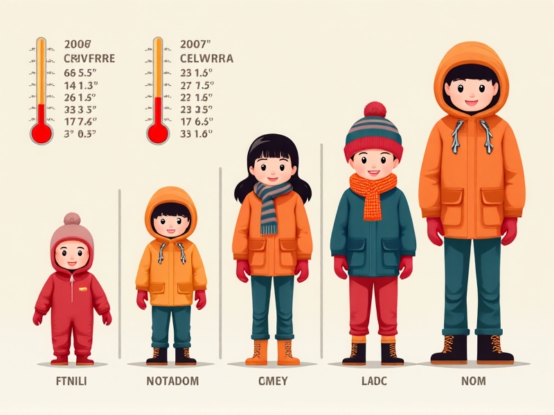 Side-by-side visuals of infants, toddlers, and school-aged children dressed appropriately for winter, with temperature guidelines labeled. Bright, cheerful colors, flat vector art style, educational infographic layout.