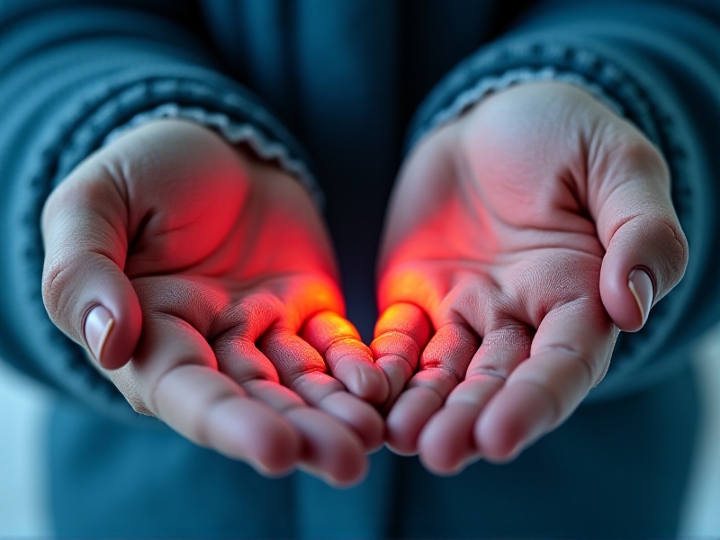 Close-up of a child's frostbitten fingers with pale, waxy skin contrasted against a healthy hand. Dramatic lighting, high-detail texture, medical focus with a red arrow pointing to affected areas.