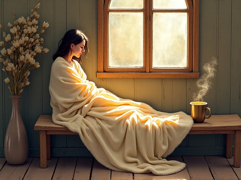 A person wrapped in a thick cream-colored blanket sitting on a rustic wooden bench, sunlight filtering through a nearby window casting soft golden hues. A steaming mug sits beside them, with faint vapor trails blending into the ambient warmth of the scene.