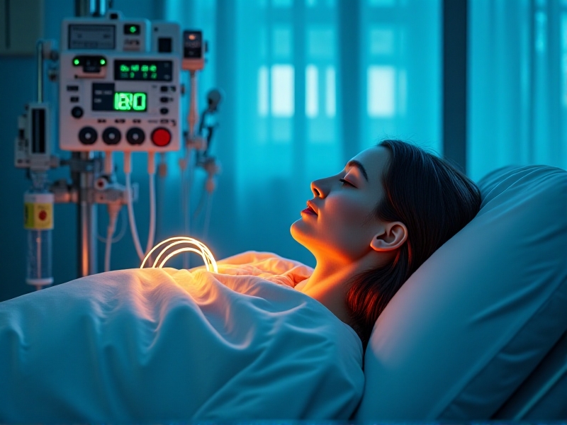 A clinical setting with a patient receiving a warmed IV infusion, glowing orange fluid flowing through transparent tubing. A digital thermometer displays rising temperatures, while soft blue ambient lighting contrasts with the warm tones of medical equipment.