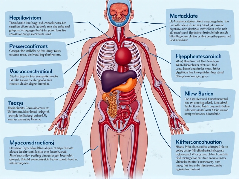 A cross-sectional medical diagram showing human anatomy with emphasis on blood vessels constricting in cold conditions. Style: educational infographic with labels for vital organs and temperature-sensitive systems. Cool colors dominate, with red highlights showing circulatory changes. Keywords: vasoconstriction, drug metabolism, hypothermia risk.