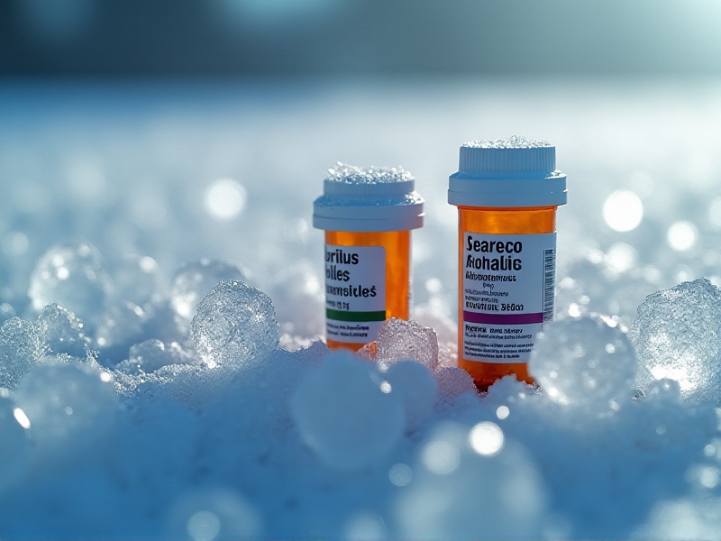 An artistic arrangement of common medications on an icy surface, including beta-blockers, antidepressants, and diuretics. Frost crystals form around pill bottles under cool, shadowy lighting. Style: macro photography with shallow depth of field. Keywords: drug interactions, cold risks, pharmaceutical safety.