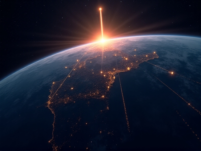 A conceptual digital illustration of Earth from space, dotted with glowing satellites in orbit, interconnected by lines of light, focusing on a beacon signal rising from the ocean’s surface to a satellite above.