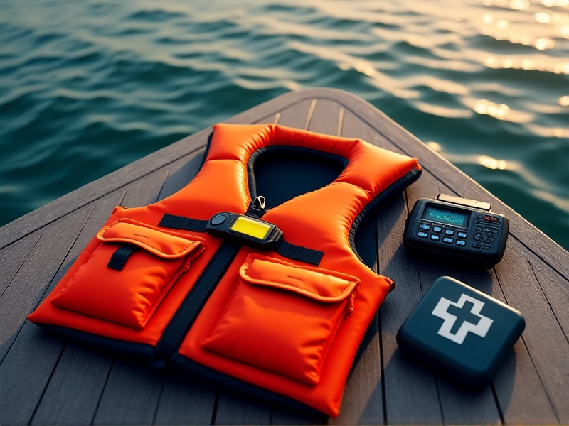 A bright orange life jacket lying on a boat deck, equipped with a yellow emergency beacon clipped to its front pocket, alongside a VHF radio and a first aid kit, with calm ocean waters in the background.