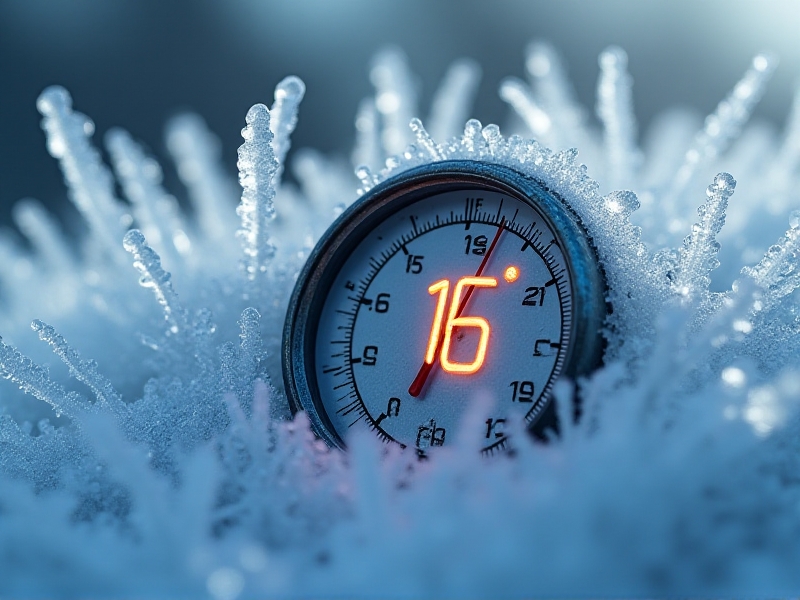 A close-up of a frost-covered thermometer showing 16°C, surrounded by icy textures and soft blue lighting, evoking a chilly, scientific atmosphere.