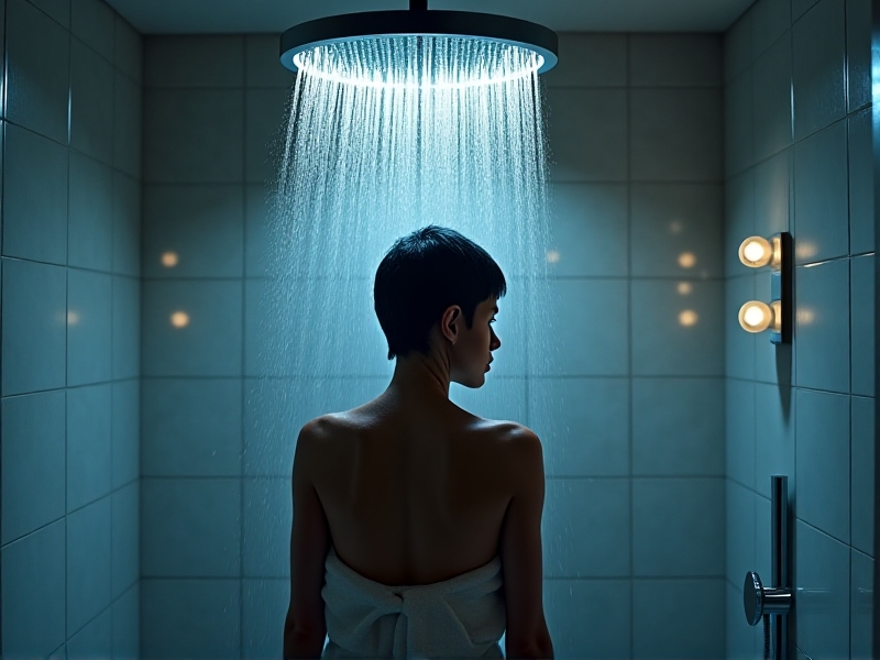A person standing under a cold shower with water droplets shimmering in silver and blue tones, steam rising faintly in a dimly lit bathroom, capturing a serene yet invigorating mood.