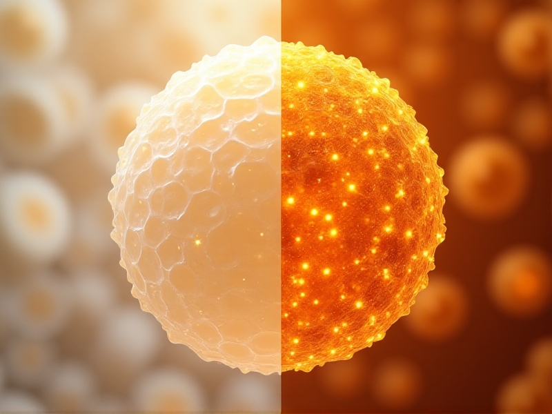 Side-by-side illustration of white and brown fat cells, contrasting the pale, large lipid droplets of white fat with the smaller, mitochondria-packed brown fat cells, rendered in vivid amber and gold tones under a scientific lens.