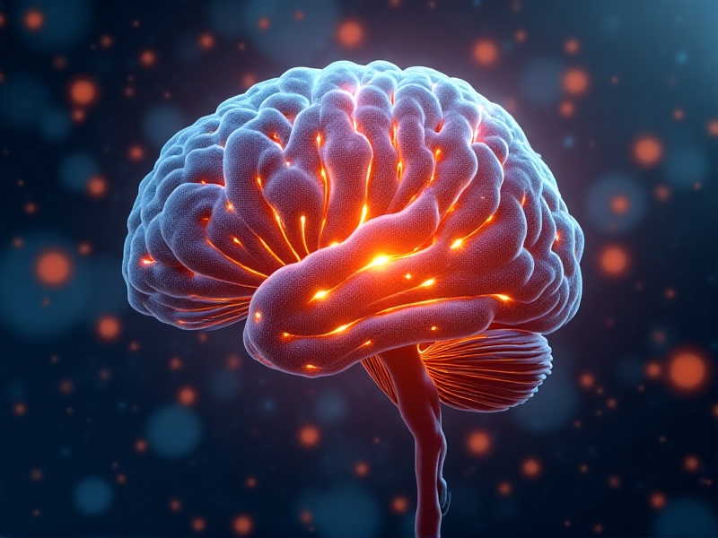 A conceptual image showing glowing CSP molecules (blue) shielding neurons (orange) from inflammation-induced damage (red particles). The neurons display intricate dendritic networks, with a protective force field effect illustrating molecular defense mechanisms in a neurological context.