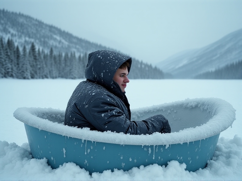 An individual shivering excessively in an ice bath, with frost forming on the edges of the tub. The background features a snowy landscape under overcast skies, emphasizing the risks of overexposure and improper cold immersion practices.