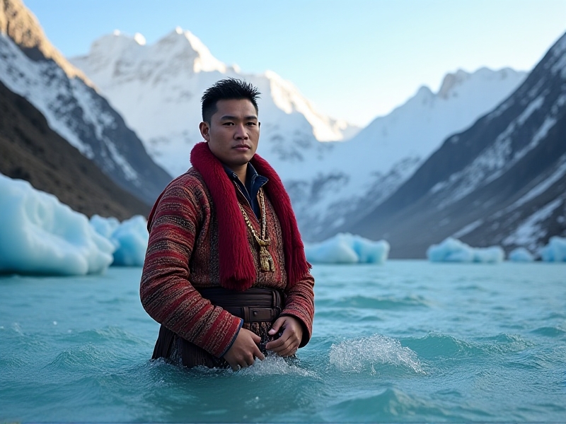 A Sherpa guide in traditional clothing standing knee-deep in a glacial river, face calm and hands submerged in the rushing turquoise water. Snow-covered peaks loom in the distance under soft morning light, blending cultural heritage with natural adaptation strategies.