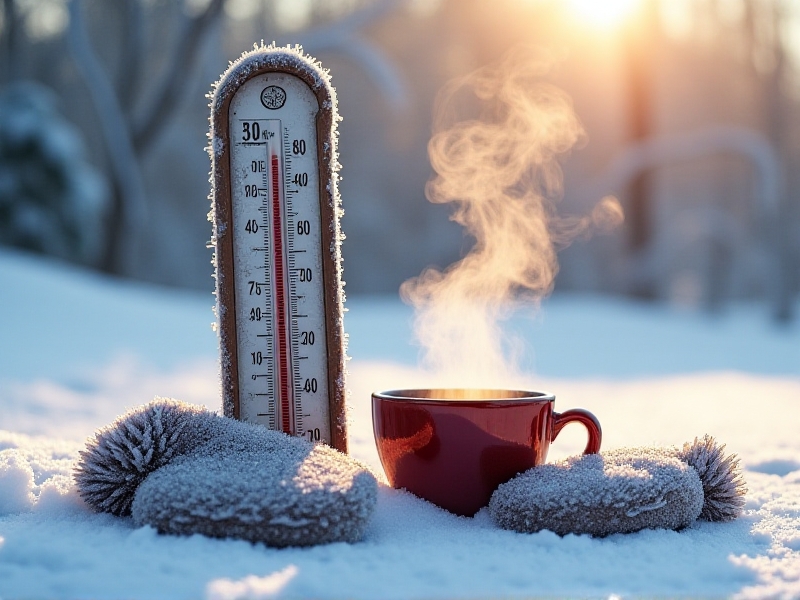 A frost-covered analog thermometer showing -10°C, embedded in fresh snow beside a pair of mittens and a steaming mug of tea. Delicate ice crystals catch the morning light, symbolizing the balance between cold exposure and mindful temperature monitoring.
