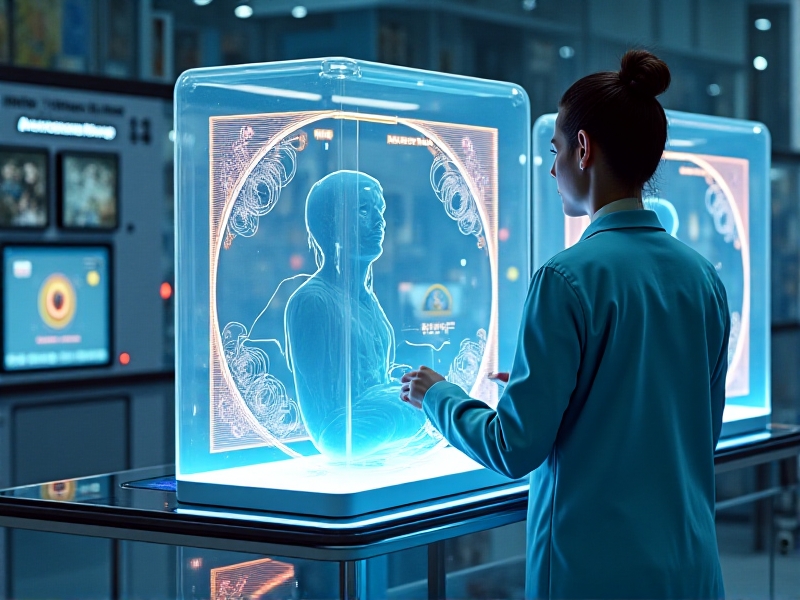 A researcher in a lab coat adjusts a holographic interface displaying 3D molecular structures and altitude simulation data. In the background, a test subject sits in a transparent chamber with swirling cold mist and adjustable oxygen levels, lit by neon blue and orange LEDs.