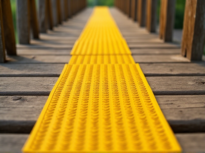 Close-up illustration of bright yellow anti-slip adhesive tapes applied to wooden deck stairs, showcasing their textured surface and weather-resistant design under soft daylight.