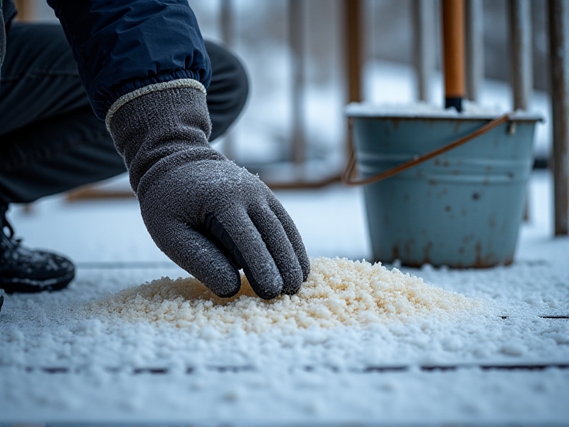 A detailed photo of a gloved hand spreading coarse sand across an icy deck surface, with a rustic metal bucket and shovel nearby, evoking a practical winter maintenance scene.