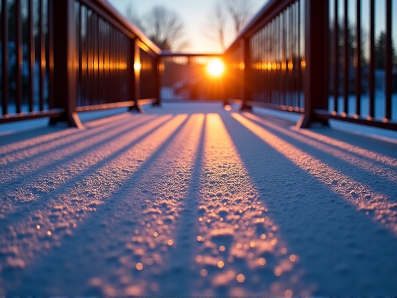 A sleek, modern heated deck mat installed on a composite deck, melting snow into water droplets under soft evening lighting, surrounded by frost-covered railings.