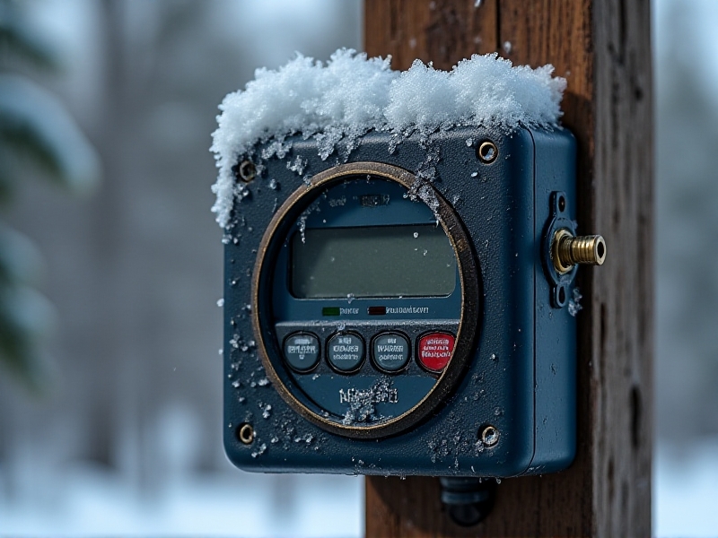 A close-up of a weatherproof timer’s sealed control panel with a rust-proof metal latch and thick rubber gasket. The timer is installed on a wooden post in a snowy backyard, with frost covering its surface. The cold, overcast sky emphasizes its ability to function in sub-zero conditions.