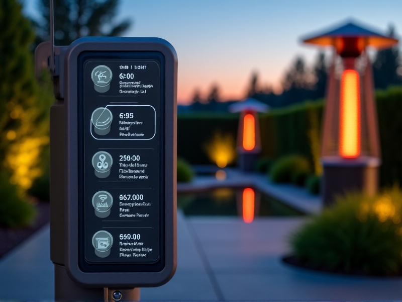 A modern outdoor timer system with four labeled outlets, each connected to a different device: landscape lighting, a fountain, a security camera, and a patio heater. The timer’s LCD screen displays separate schedules for each outlet. The image has a clean, industrial design with metallic accents, set against a dusk backdrop.