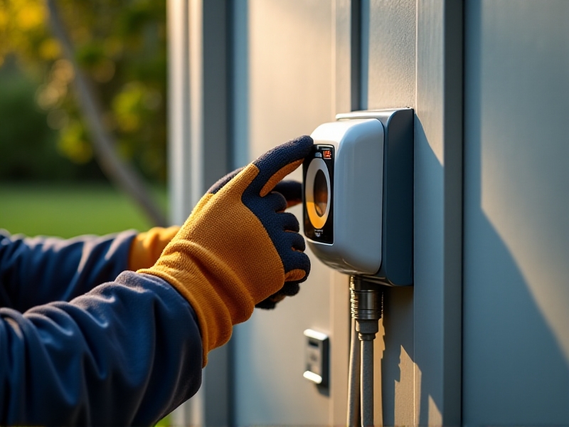 A technician in work gloves installing a weatherproof timer on a grey PVC panel attached to a garden shed. The timer is connected via thick, waterproof cables routed through a flexible conduit. Tools like a screwdriver and wire strippers lie nearby, with afternoon sunlight casting long shadows.