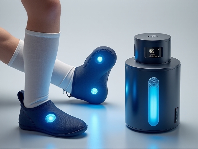 A collage of four compact cold therapy devices: a silicone gel wrap shaped around a knee, a handheld electric cooling pad with digital controls, a foldable cryo cuff with adjustable straps, and a cylindrical mini cryo chamber emitting faint mist. Bright, clinical lighting highlights textures and functionality, with a neutral gray background emphasizing versatility.