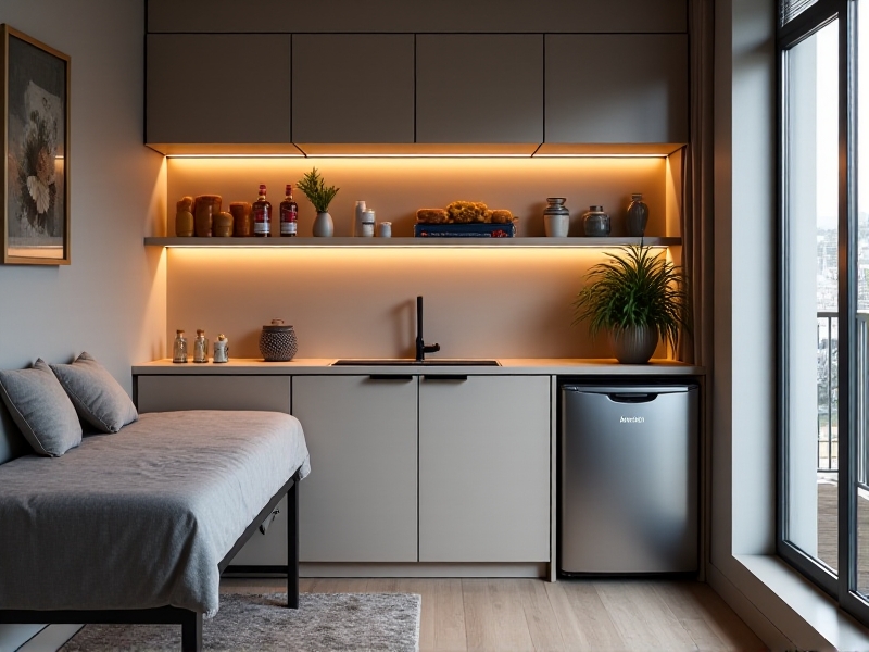 A studio apartment with a murphy bed folded up to reveal a wall-mounted rack holding a cold therapy pad and gel packs. A small fridge sits under a kitchen counter, stocked with reusable ice packs beside groceries. Warm ambient lighting creates a cozy, organized atmosphere.