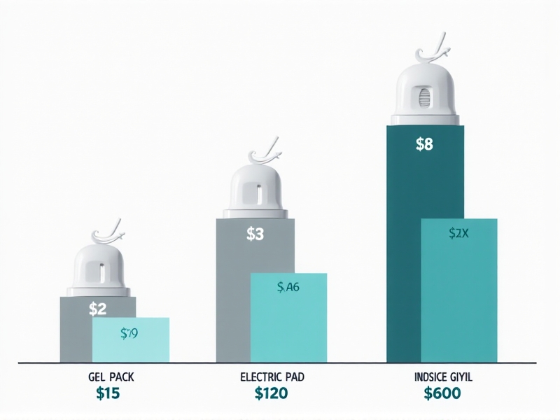 An infographic comparing three cold therapy devices: a budget gel pack ($15), a mid-range electric pad ($120), and a premium cryo chamber ($600). Bars graph cost, noise level, and cooling duration. Clean, flat design with teal and gray tones, set against a white background for clarity.