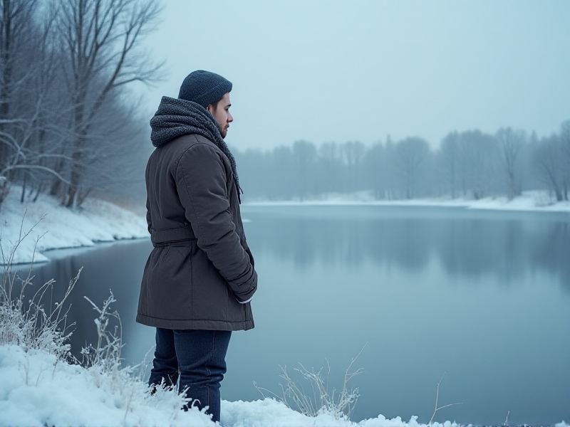 A person standing at the edge of a frosty lake during winter, bundled in layered clothing with visible breath in the cold air. The scene is captured in muted blues and grays, conveying a stark, chilly environment with icy water and leafless trees in the background.