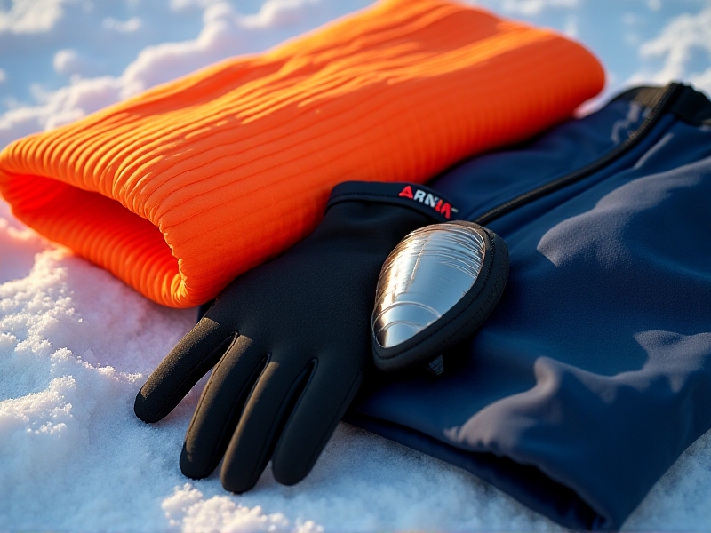 A close-up arrangement of cold-weather gear: a neon orange thermal blanket, black neoprene gloves, a navy blue wetsuit, and a metallic emergency warming pack on a snowy surface. The composition uses contrasting colors and textures to highlight functionality and preparation.