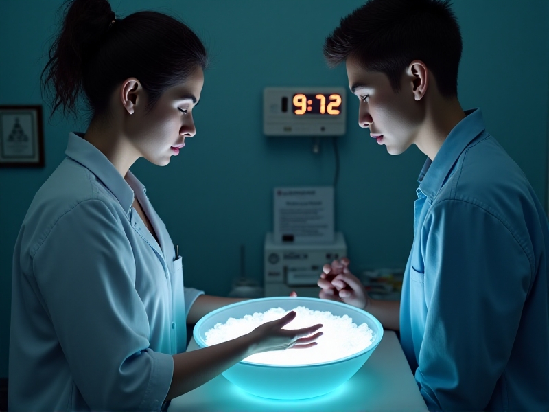 A person in a controlled indoor environment dipping their hand into a bowl of ice water under a clinician's supervision. The focus is on the patient’s determined expression and the clinician’s timer, with a blurred background of medical charts and soft overhead lighting.