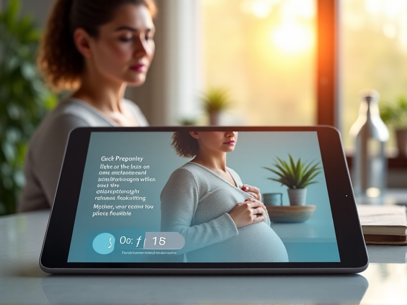 A detailed infographic on a tablet screen shows a pregnant woman using a wrapped ice pack on her neck and shoulders. The pack is covered in a soft cloth, with a timer set to 15 minutes in the background. A sunlit kitchen counter with a water bottle and notebook reinforces practical, home-based care.
