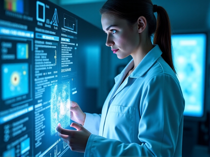 A researcher in a lab coat reviews a holographic display of pregnancy-related inflammation metrics while holding a cold therapy device. The futuristic lab has cool blue lighting, high-tech equipment, and a whiteboard filled with scientific diagrams and keywords like 'cytokines' and 'vasoconstriction.'