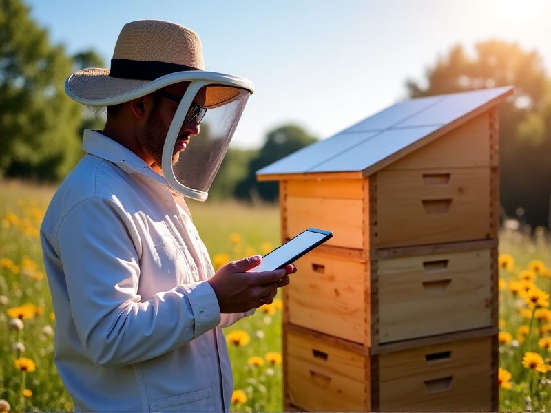Beekeeper in protective gear using a digital tablet next to a modern beehive with solar panels on top, sunny day with wildflowers in the background, showcasing apiary technology integration.