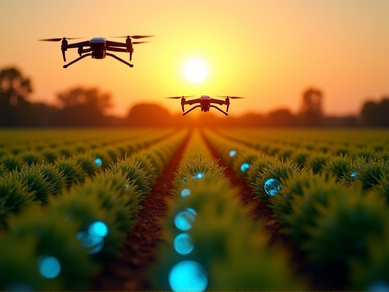 A sunlit farm field with drones hovering above rows of crops, soil sensors embedded in the ground emitting soft blue light. The sky is golden hour orange, contrasting with the green fields and futuristic technology, symbolizing harmony between agriculture and IoT innovation.