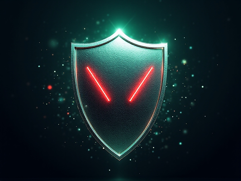 A conceptual image of a shield protecting a network of IoT devices, with cyberattack symbols like red bolts striking the shield but disintegrating. The shield glows with a mix of metallic silver and neon green hues, set against a dark background with faint binary code textures.