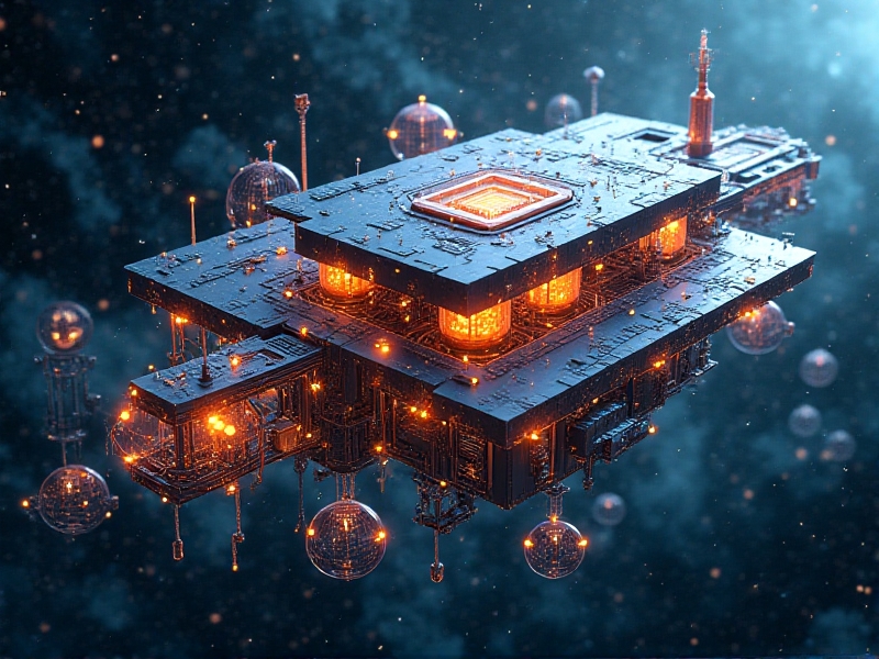 An exploded view schematic of AI swarm components floating in cyberpunk-inspired space, featuring glowing data pipelines and hexagonal processing nodes. The metallic textures and holographic interfaces visualize complex system interactions while maintaining technical clarity.