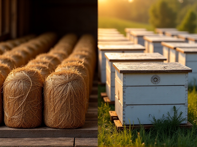 A split-image comparison: left side shows traditional woven straw skeps with wooden queen cages in a rustic barn; right side depicts sleek, modular hives with embedded digital monitors in a modern apiary. Photorealistic texture contrast between old and new, lit by warm ambient light.