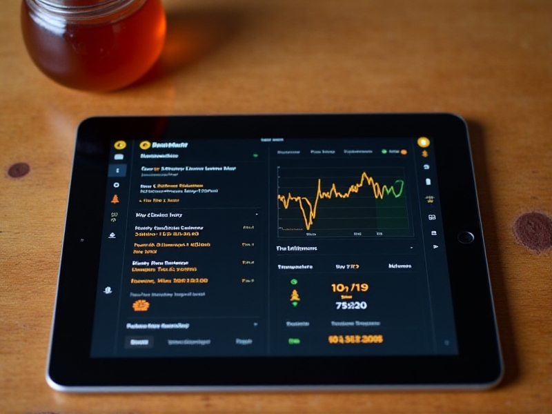 A digital dashboard on a tablet displays real-time RFID access logs, hive temperature data, and honey production metrics. The screen glows with orange and green graphs against a dark interface, positioned on a rustic wooden table beside a jar of golden honey.