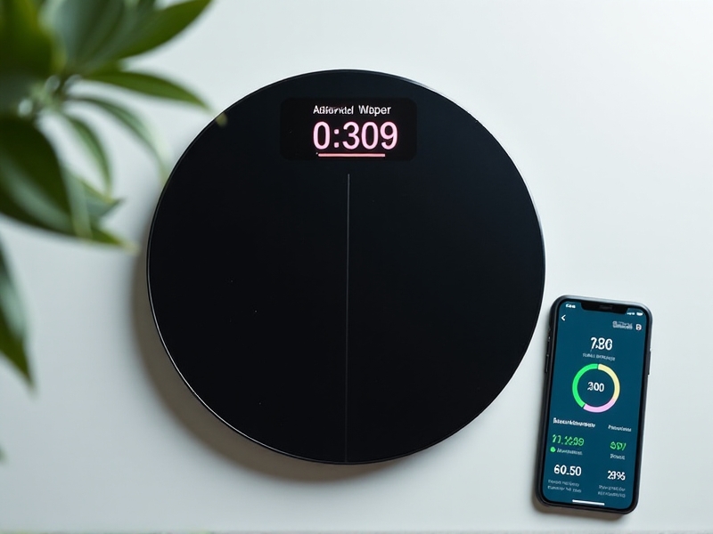 A top-down view of a circular black Bluetooth scale displaying colorful body composition metrics on its LCD screen. An iPhone with a health app dashboard sits beside it, showing synchronized data graphs. Soft natural light creates a clean, minimalist aesthetic.